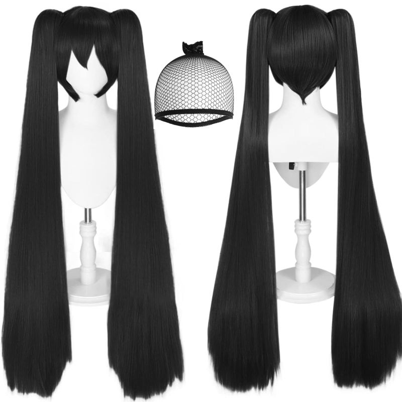 ANOGOL Hair Cap48inch Black Wig Double Ponytails Wigs Long Straight Clipon Ponytails Cosplay Wig with Bangs for Anime Costume Women Girls Dress Up Black Costume Party Wigs Halloween Black Hair