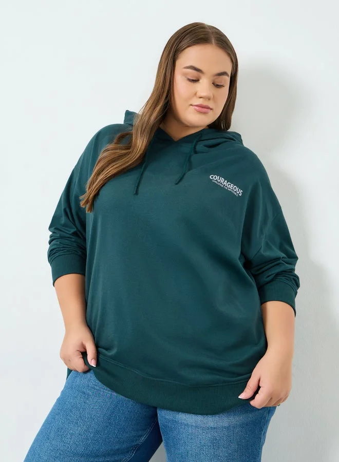 Styli Plus Size Dark Green Slogan Print Longline Hoodie
