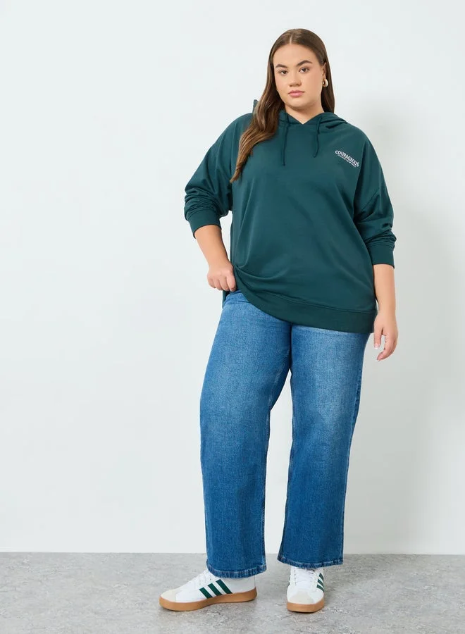 Styli Plus Size Dark Green Slogan Print Longline Hoodie