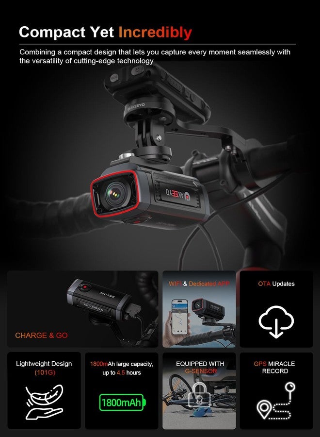AKEEYO AKY-710S Bike Camera with Mount, 4K 28fps, 2K 55fps, Wide-Angle 142°,IP67,5MP,Loop & Emergency Recording,Parking Monitor,Bicycle,Outdoor Sports,Rechargeable,GPS,64GB Card Included - Image 4