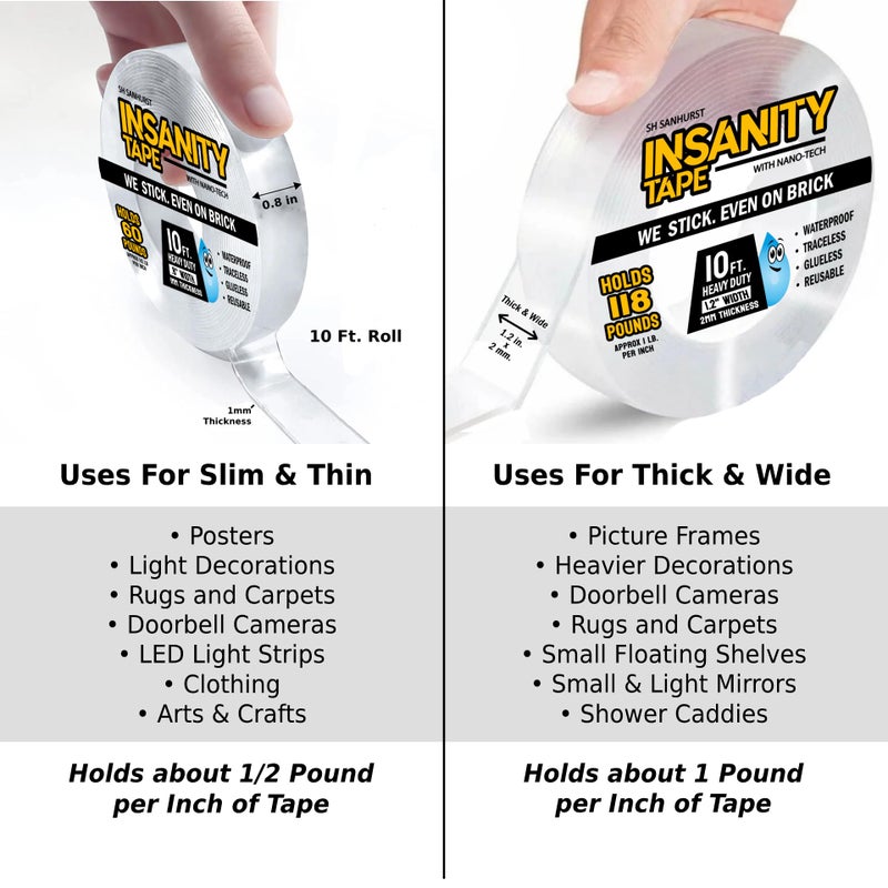 Insanity Tape Insanity Heavy Duty Double Sided Mounting Tape Reusable Traceless Nano Gel Adhesive - Hang Pictures, Posters, Doorbell Cameras - Weatherproof - Hold Carpets, Mats & Rugs - Safe for Hardwood Floors - Image 3