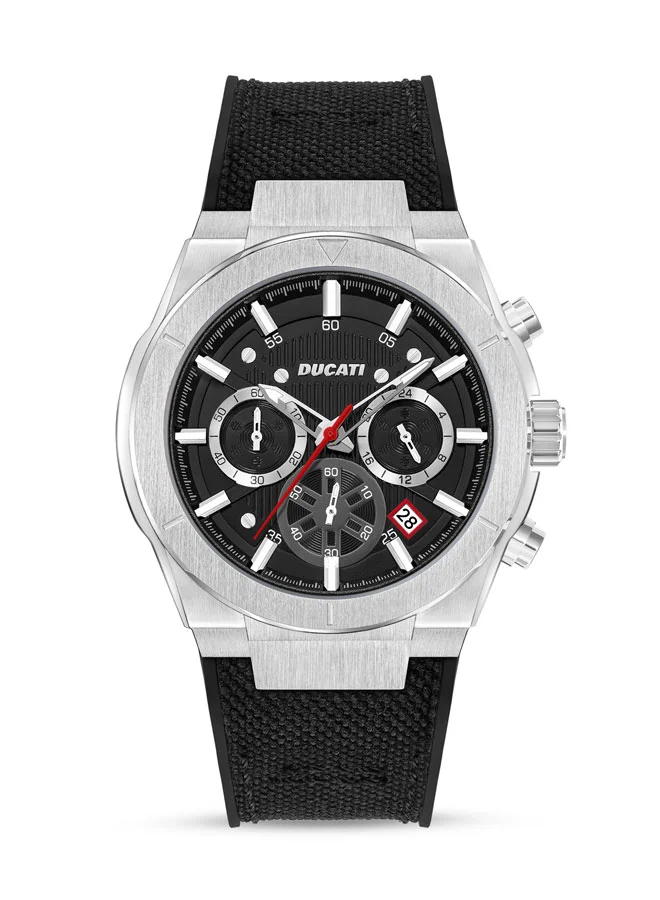 دوكاتي Ducati Men's Chronograph Watch with Silver Accents, Black Textured Dial, Genuine Leather Strap, Water Resistant to 50m, 43.5mm Case – Stylish Performance for Every Occasion