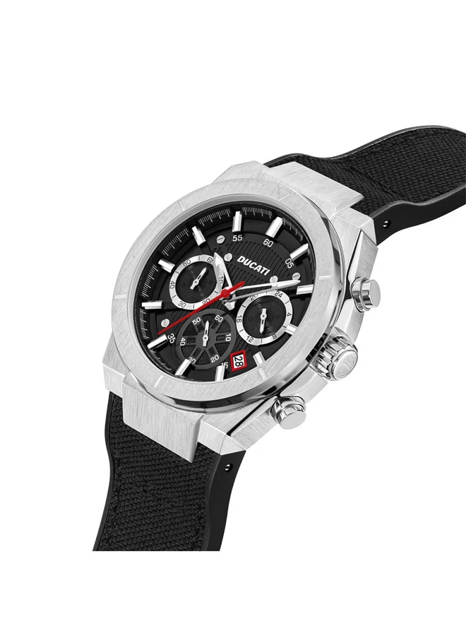 دوكاتي Ducati Men's Chronograph Watch with Silver Accents, Black Textured Dial, Genuine Leather Strap, Water Resistant to 50m, 43.5mm Case – Stylish Performance for Every Occasion