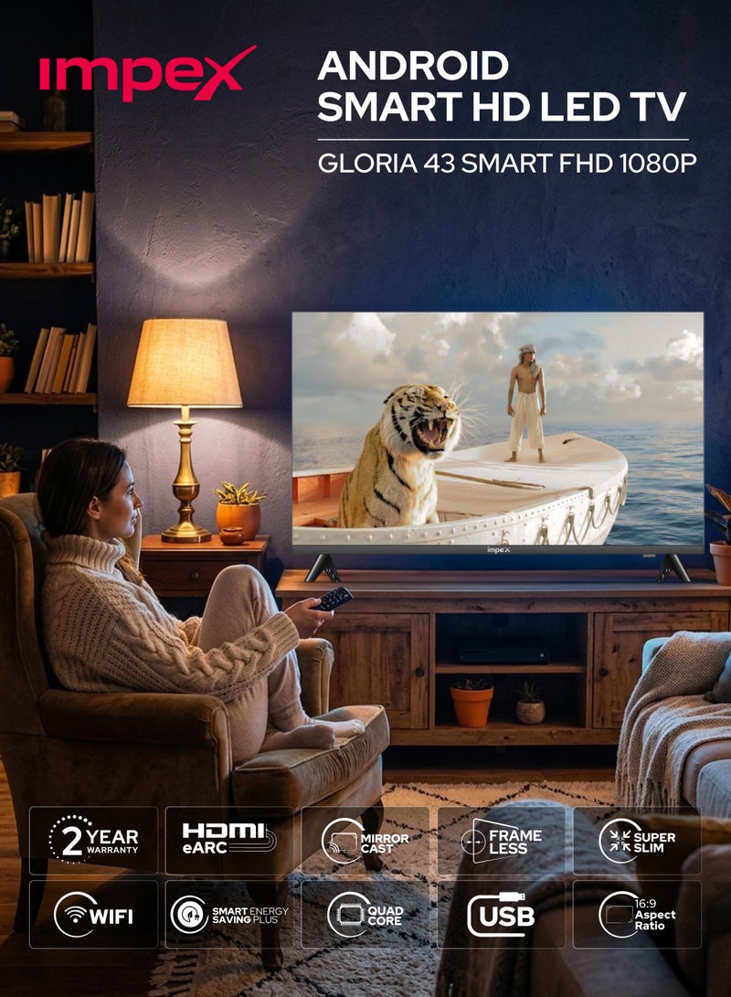 Impex 43 Inch Full HD Smart Android LED TV - 1920x1080 Screen Resolution Television, Latest Android Version, Frame Less Design, Quad Core Processor, Mirror Cast And E-Share, HDMI\USB\ Wi-Fi Input, Netflix, YouTube, Disney+, Apple TV+, Starz Play Arabia, Smart Energy Saving, 2 Year Warranty - Gloria 43 Smart Black Gloria 43 Smart Black - Image 2