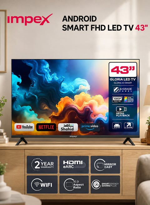 تلفزيون LED ذكي 43 بوصة فل اتش دي - أندرويد، معالج رباعي، تصميم بدون إطار، لوحة A+، واي فاي، 2 HDMI، 2 USB، RJ45، دقة 1920x1080، تصميم نحيف، زاوية 176°، ضمان سنتين - Gloria 43 Smart - أسود أسود