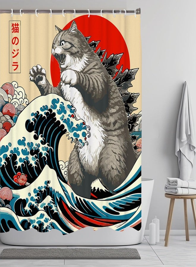 LKFBSC Funny Japanese Cat Shower Curtain, Vintage Cat Art Japan Anime Sunset Wave Waterproof Shower Curtain with Hooks, Animal Fabric Shower Curtains Bathroom Decor 72X72inches - Image 3