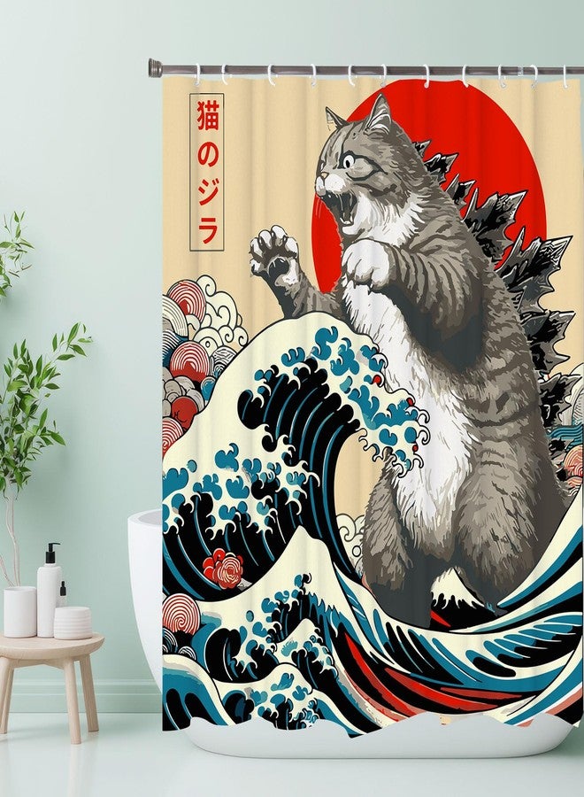 LKFBSC Funny Japanese Cat Shower Curtain, Vintage Cat Art Japan Anime Sunset Wave Waterproof Shower Curtain with Hooks, Animal Fabric Shower Curtains Bathroom Decor 72X72inches - Image 2