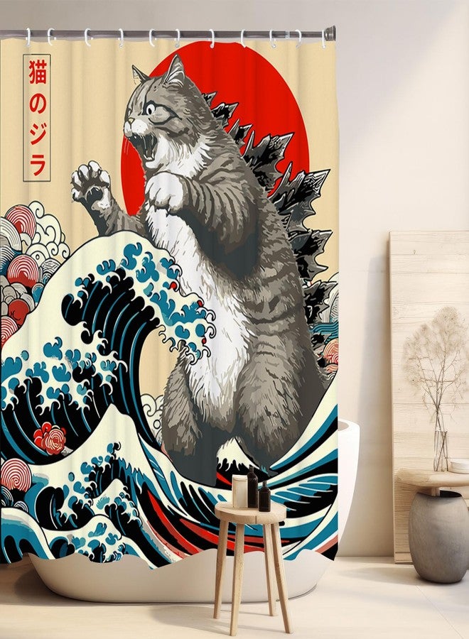 LKFBSC Funny Japanese Cat Shower Curtain, Vintage Cat Art Japan Anime Sunset Wave Waterproof Shower Curtain with Hooks, Animal Fabric Shower Curtains Bathroom Decor 72X72inches - Image 4