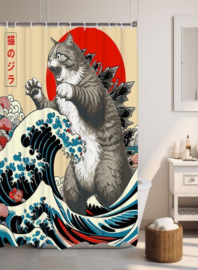 LKFBSC Funny Japanese Cat Shower Curtain, Vintage Cat Art Japan Anime Sunset Wave Waterproof Shower Curtain with Hooks, Animal Fabric Shower Curtains Bathroom Decor 72X72inches - Image 5