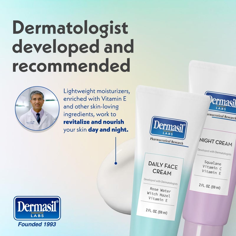 Dermasil Face Moisturizer Variety 2-Pack â€“ Daily Face Cream with Witch Hazel and Rose Water + Night Cream with Vitamin C and Squalane, 2 Oz Ea - Image 4