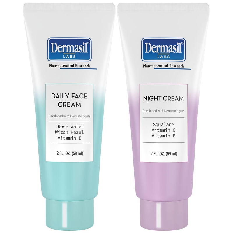 Dermasil Face Moisturizer Variety 2-Pack â€“ Daily Face Cream with Witch Hazel and Rose Water + Night Cream with Vitamin C and Squalane, 2 Oz Ea - Image 1