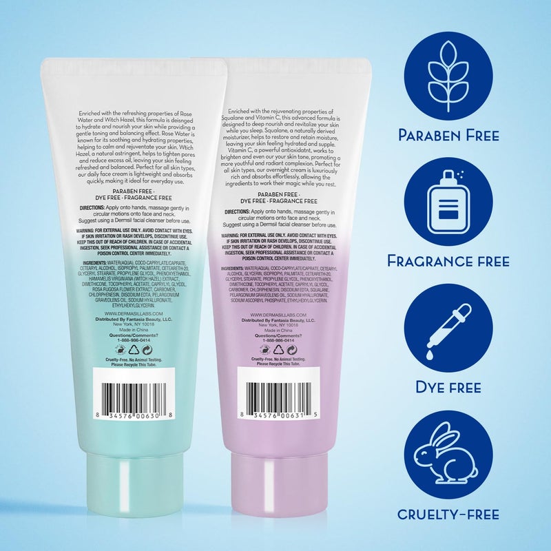 Dermasil Face Moisturizer Variety 2-Pack â€“ Daily Face Cream with Witch Hazel and Rose Water + Night Cream with Vitamin C and Squalane, 2 Oz Ea - Image 2