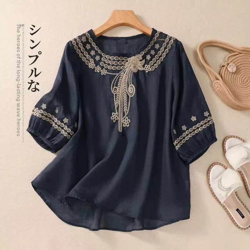 2024 Summer Artistic Cotton Linen Embroidered Loose Blouse J#C29 Green