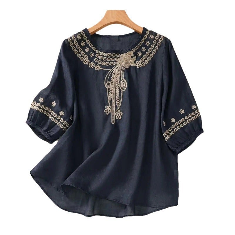 2024 Summer Artistic Cotton Linen Embroidered Loose Blouse J#C29 Green