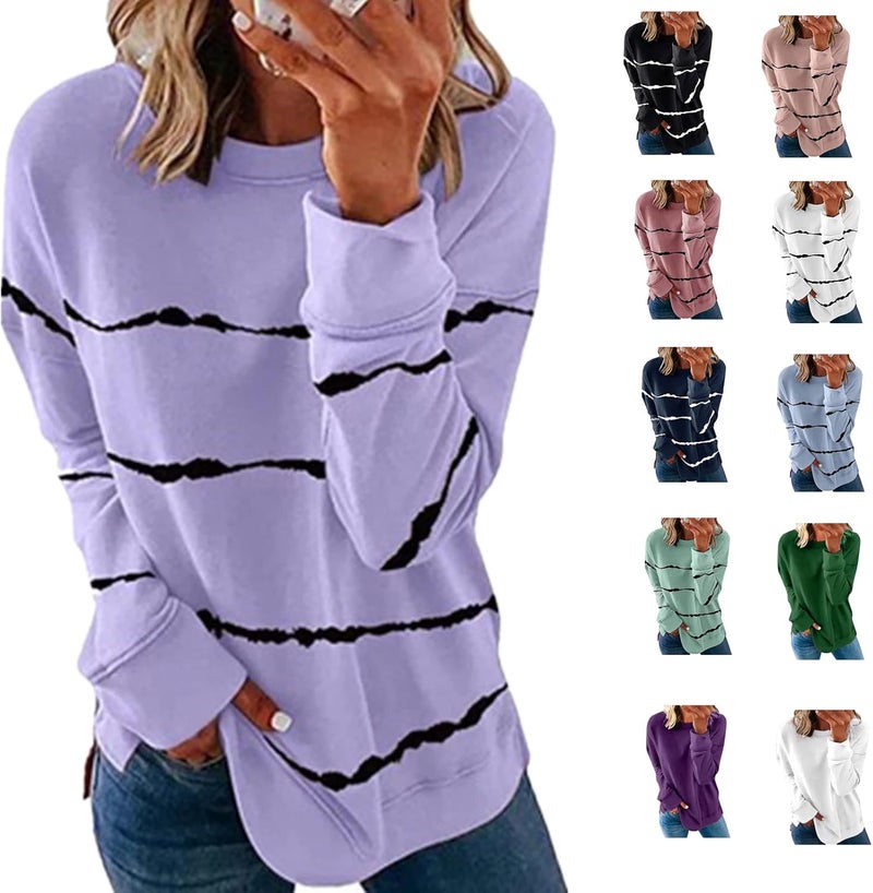 cheekyglo Womens 2022 Fall Winter Fashion Tops Casual Long Sleeve Crewneck Sweatshirt Blouse Striped Loose Soft Pullover Shirts - Image 1
