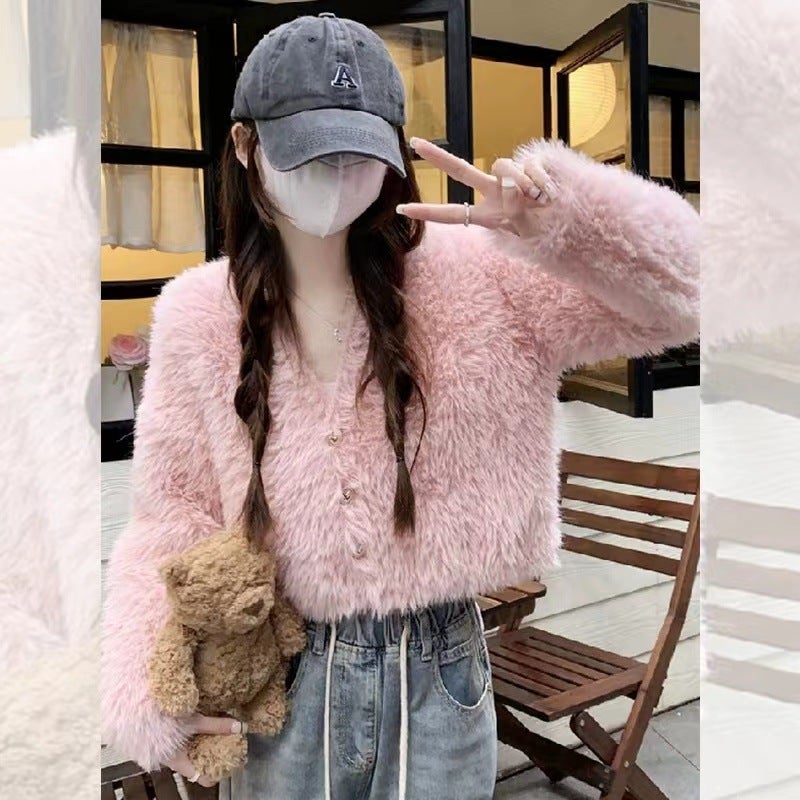 High-grade soft glutinous plush short V-neck sweater women's autumn and winter gentle top Korean style thickened winter sweater - Image 4