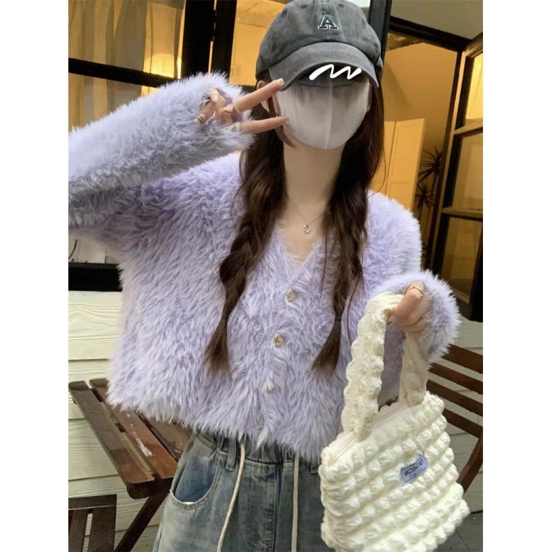 High-grade soft glutinous plush short V-neck sweater women's autumn and winter gentle top Korean style thickened winter sweater - Image 1