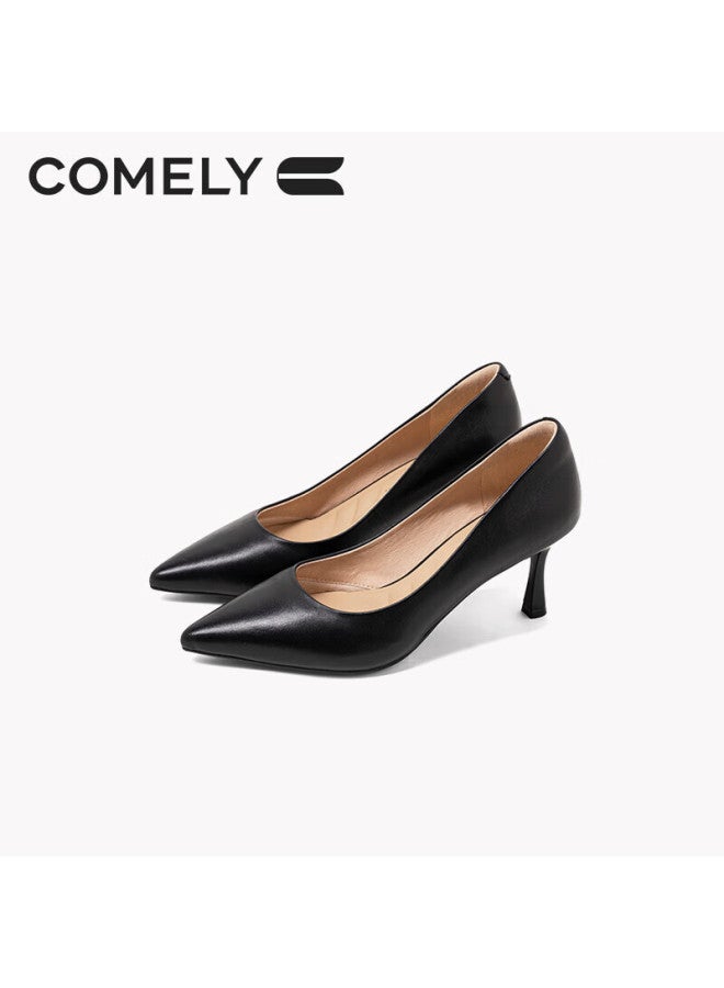 Comely Women's Single Shoes, Spring Thin Heel Pointed Toe High Heel, Sheepskin Soft Comfortable Sole, Simple Professional Work Shoes, Black, Size 37 - Image 1