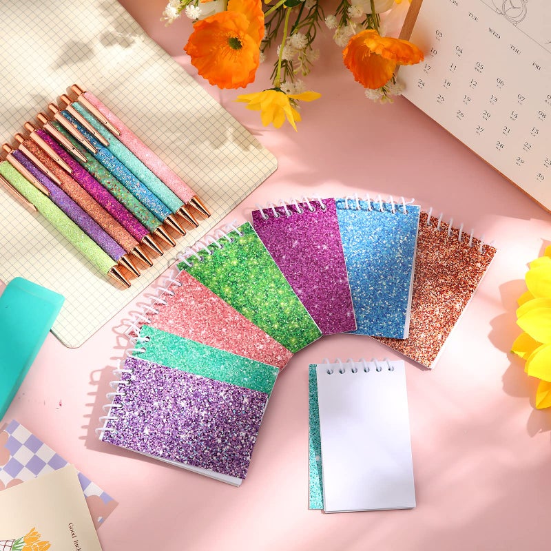 Sherr 16 Pcs Glitter Pens and Notebooks Set Mini Spiral Notepads Fancy Pens for Kids Girls Women Sparkly Sequins Journaling Ballpoint Christmas Birthday Gift Classroom Rewards(Classic Color) - Image 5