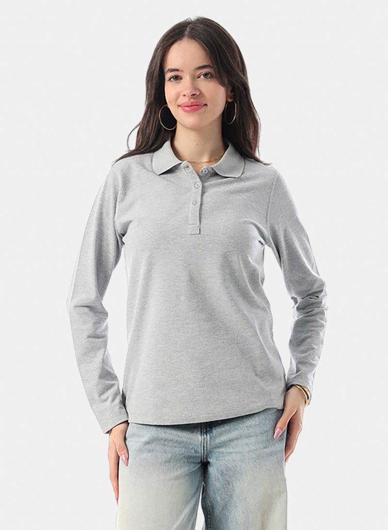 Andora Turn Down Collar Long Sleeaves Pique Polo Shirt - Silver - Image 1