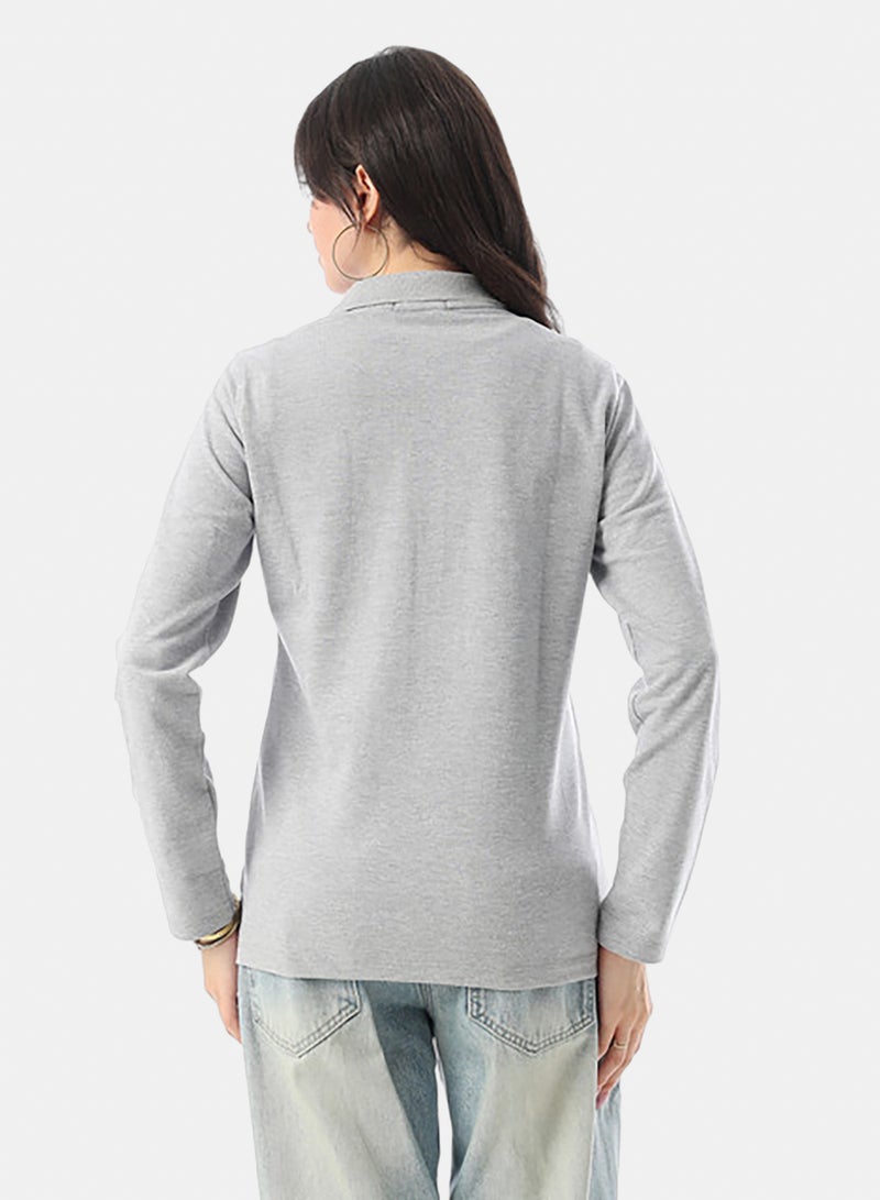 Andora Turn Down Collar Long Sleeaves Pique Polo Shirt - Silver - Image 3