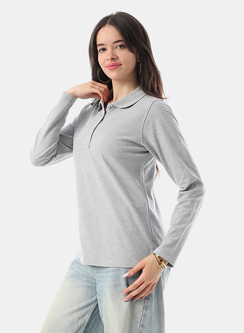 Andora Turn Down Collar Long Sleeaves Pique Polo Shirt - Silver - Image 2