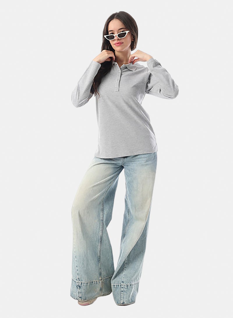 Andora Turn Down Collar Long Sleeaves Pique Polo Shirt - Silver - Image 4
