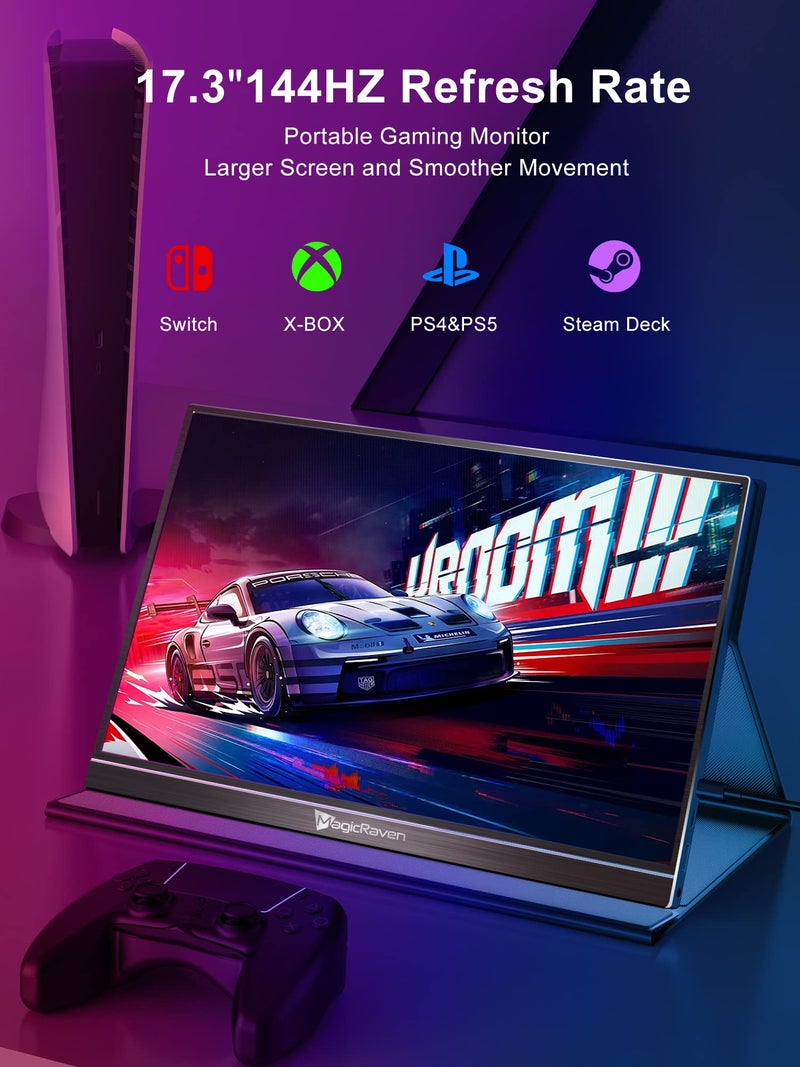 MAGICRAVEN 144HZ Portable Gaming Monitor, 17.3" 1080P Laptop Monitor, Dual USB C HDMI Second Computer Screen, VESA Gaming Display with Speakers, Travel Monitor for PS4/5 Xbox Switch MAC PC Phone - Image 3