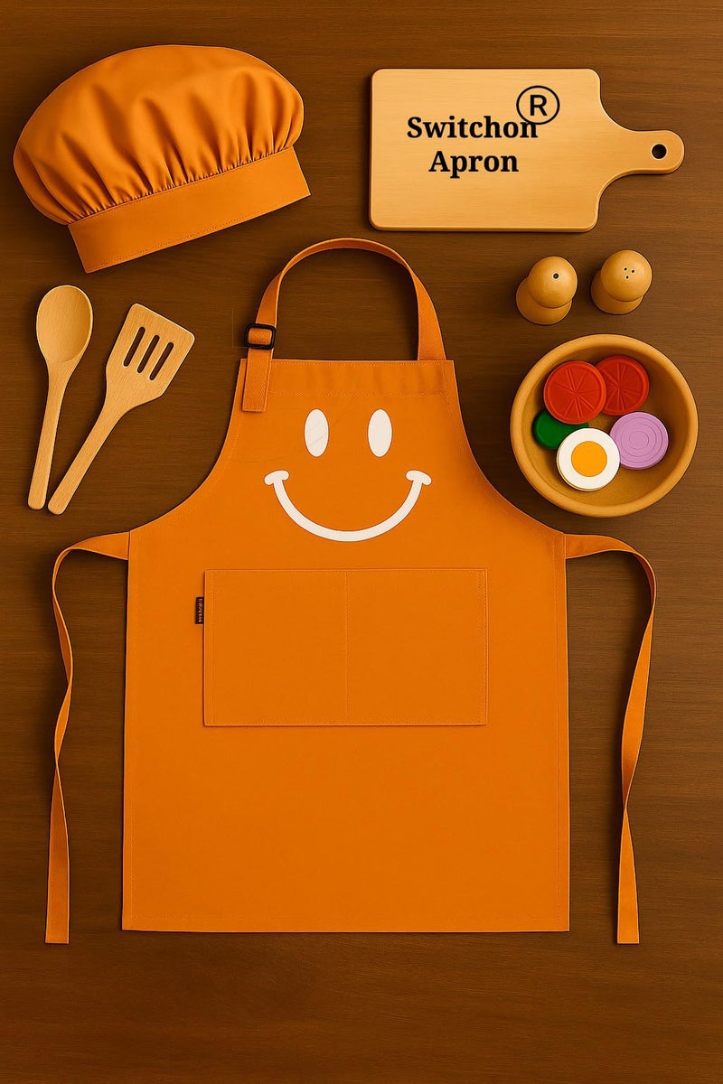 Switchon Polyester Waterproof Adjustable Kids Multi purpose Cooking Apron with a chef cap School Apron - for 3 years to 6.5 years Proudly made in india (Orange) - Image 4