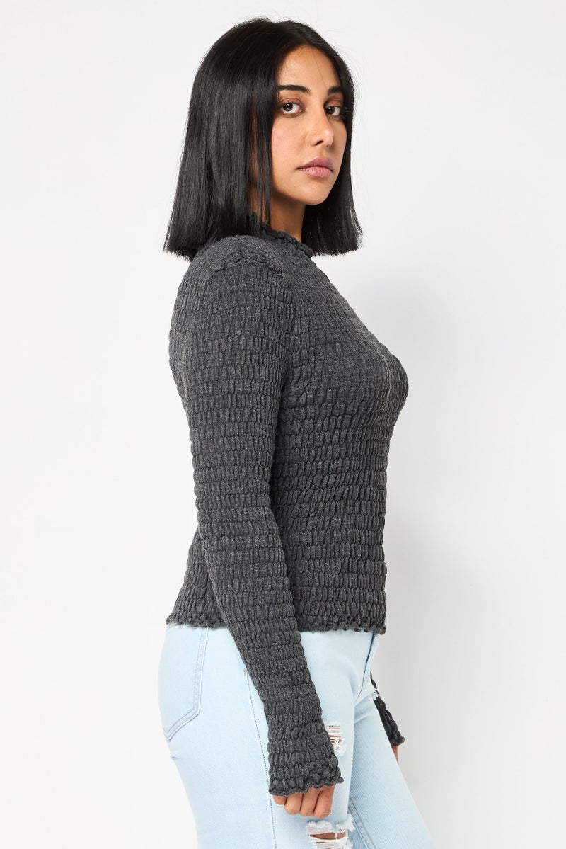 Reserved Women Ruffle Neck Long Sleeve Textured Top, Dark Grey - Image 3
