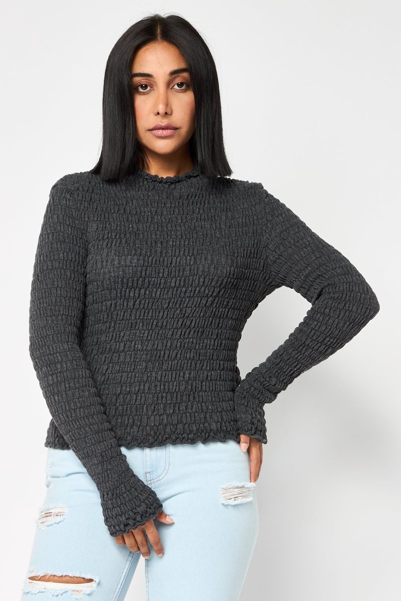 Reserved Women Ruffle Neck Long Sleeve Textured Top, Dark Grey - Image 1