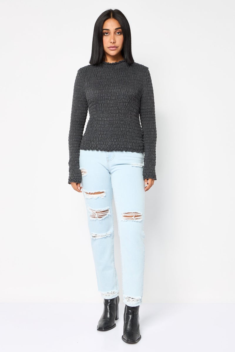 Reserved Women Ruffle Neck Long Sleeve Textured Top, Dark Grey - Image 2