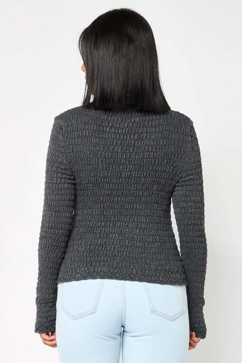 Reserved Women Ruffle Neck Long Sleeve Textured Top, Dark Grey - Image 4