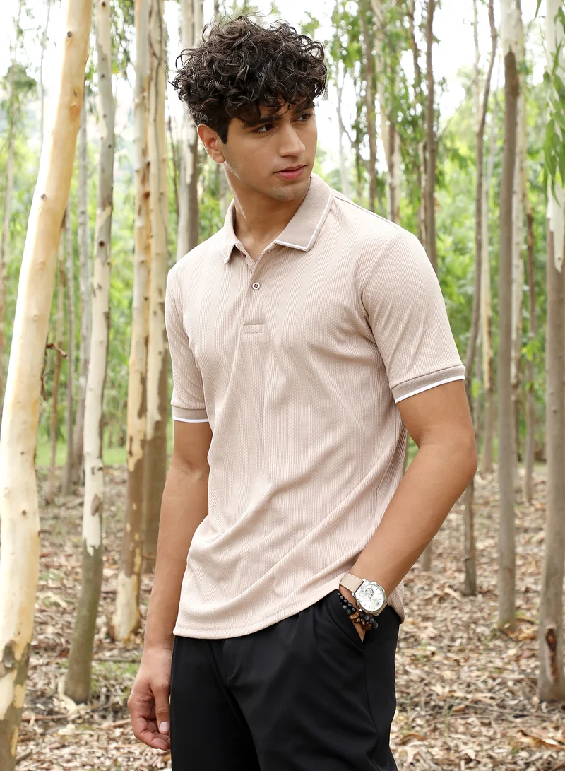 Campus Sutra Campus Sutra Men's Ecru Beige Ribbed-Vined Textured Polo T-Shirt | Polo Neck , Short Sleeve Ribbed Cuff Sleeves , Half-Button Closure | Solid Textured | Cotton-Blend T-Shirt For Casual Wear
