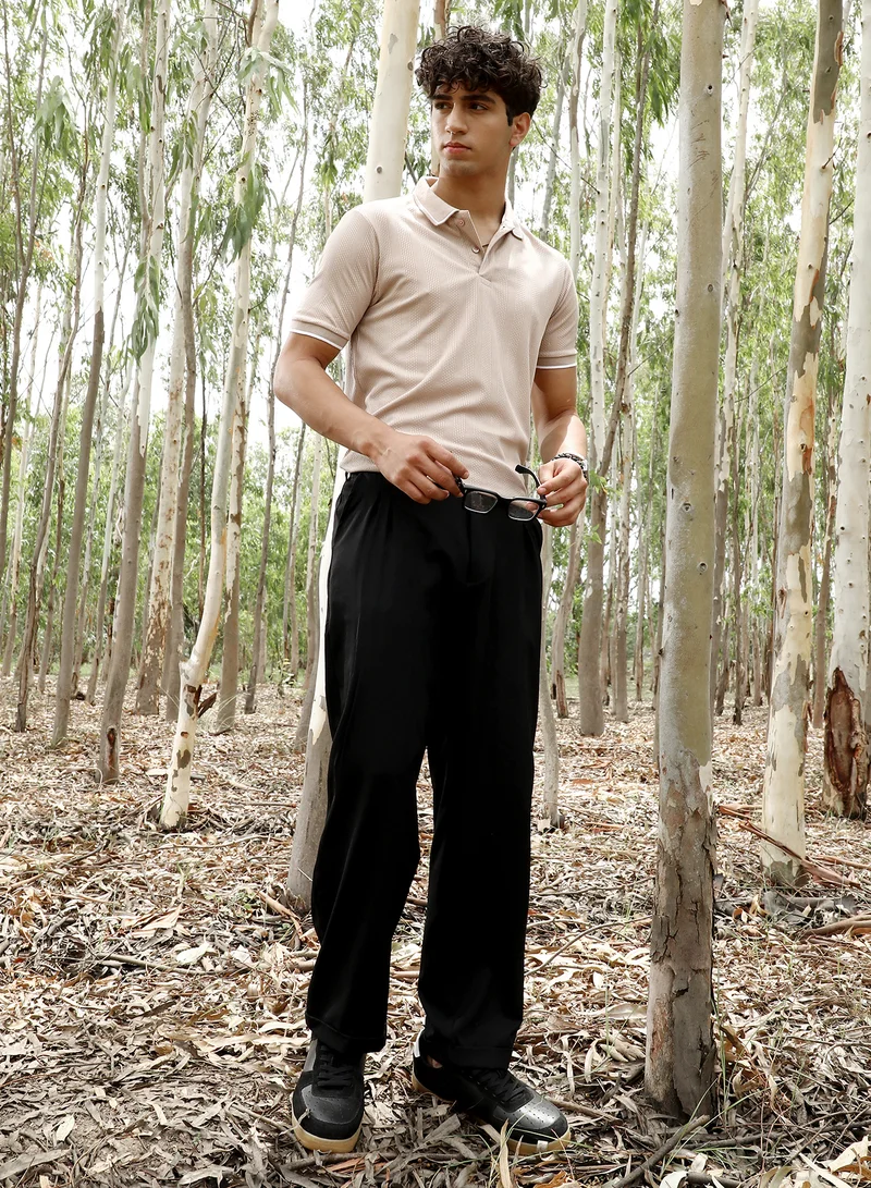 Campus Sutra Campus Sutra Men's Ecru Beige Ribbed-Vined Textured Polo T-Shirt | Polo Neck , Short Sleeve Ribbed Cuff Sleeves , Half-Button Closure | Solid Textured | Cotton-Blend T-Shirt For Casual Wear