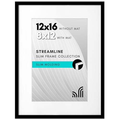 Americanflat 12x16 Picture Frame with Polished Plexiglass  Use as 8x12 Frame with Mat or Display 12x16 Photo Without Mat  Streamline Collection  Thin Border Picture Frames for Wall  Black