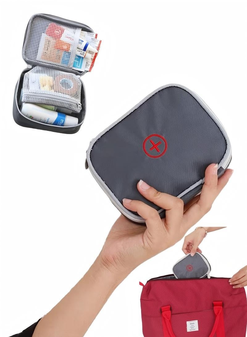 حقيبة إسعافات أولية صغيرة محمولة باللون الرمادي، منظم أدوية صغير بسحاب مزدوج للسفر والمنزل. - Image 1