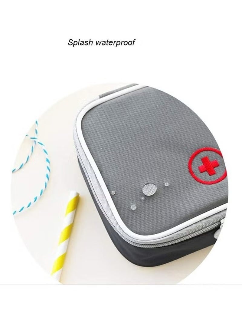 حقيبة إسعافات أولية صغيرة محمولة باللون الرمادي، منظم أدوية صغير بسحاب مزدوج للسفر والمنزل. - Image 4