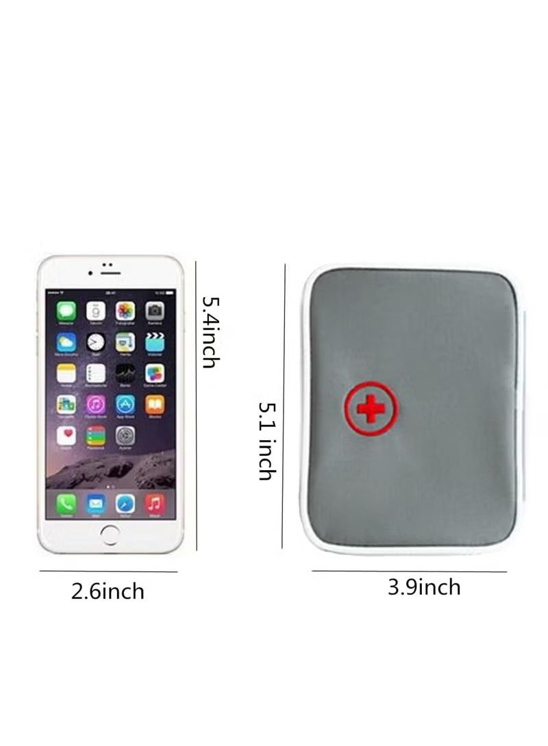 حقيبة إسعافات أولية صغيرة محمولة باللون الرمادي، منظم أدوية صغير بسحاب مزدوج للسفر والمنزل. - Image 3