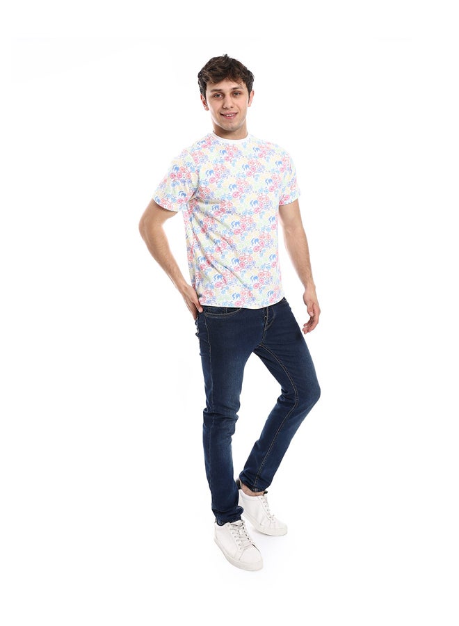 Andora Round Neck Self Pattern Basic Cotton T-Shirt_White - Image 1