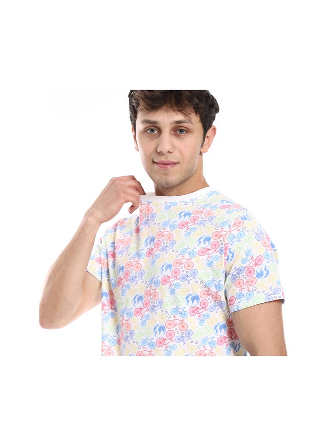 Andora Round Neck Self Pattern Basic Cotton T-Shirt_White - Image 4