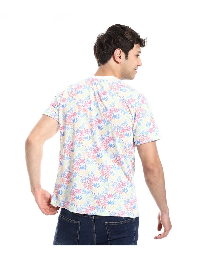 Andora Round Neck Self Pattern Basic Cotton T-Shirt_White - Image 3