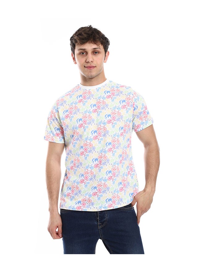 Andora Round Neck Self Pattern Basic Cotton T-Shirt_White - Image 2