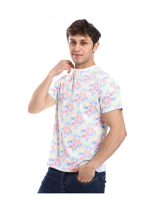 Andora Round Neck Self Pattern Basic Cotton T-Shirt_White - Image 5