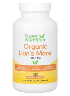 Super Nutrition Organic Lion's Mane 1000 mg 120 Veggie Capsules (500 mg Per Capsule) 