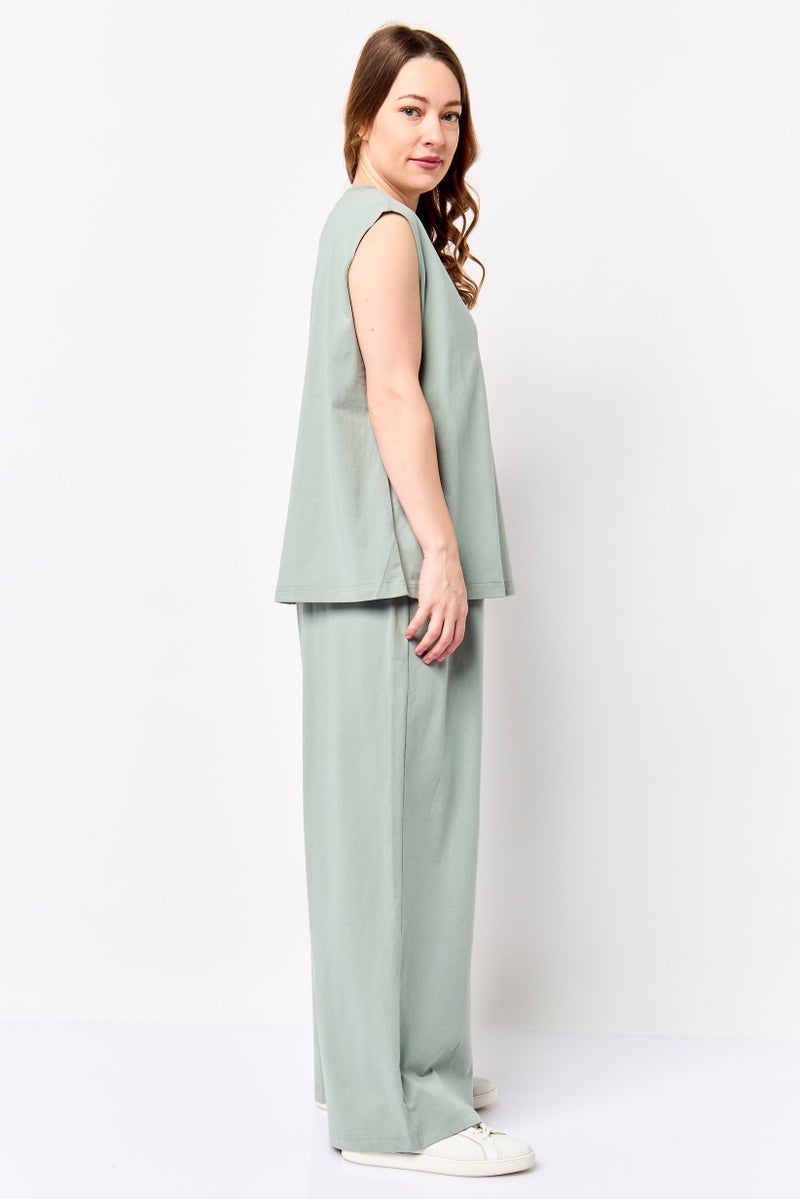 Fudo Comforts By Fudo Women 2 Pieces Sleeveless Plain Tank Top With Wide Leg Pants Set, Sage Green - Image 4