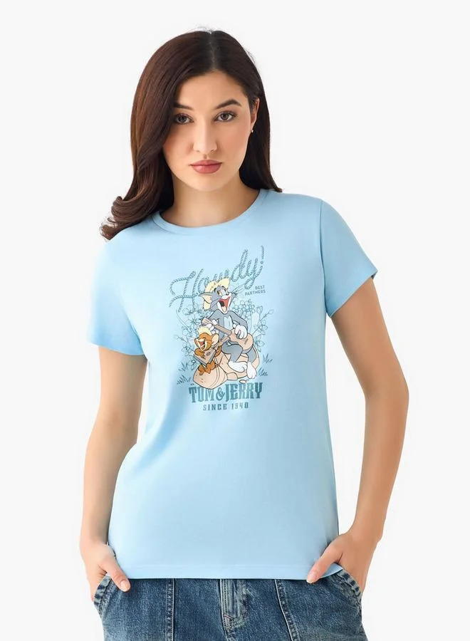 SP Characters Cotton T-shirt with Tom and Jerry Print
