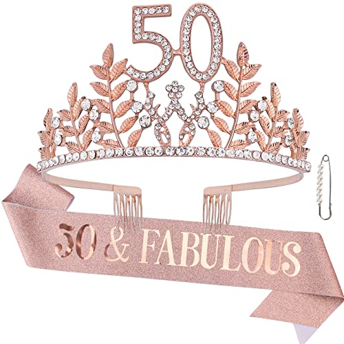 Semato 50 & Fabulous Birthday Crown and Sash Kit- 50th Birthday Gifts for Women 50th Birthday Party Supplies (rose gold) - Image 1