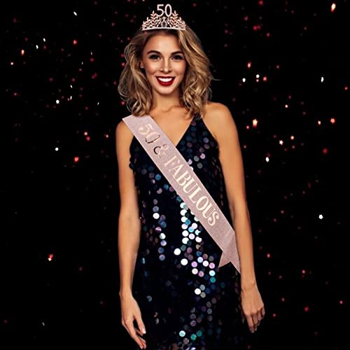 Semato 50 & Fabulous Birthday Crown and Sash Kit- 50th Birthday Gifts for Women 50th Birthday Party Supplies (rose gold) - Image 4