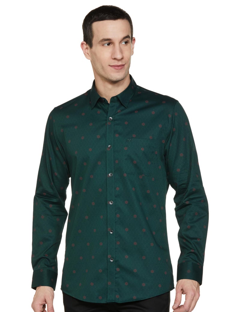 Peter England Men Cotton Slim Fit Printed Festive Shirt Dark Green, 39 - Image 1